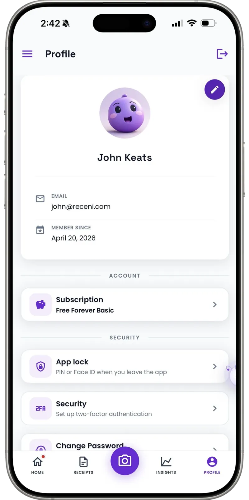 Receni profile and settings on mobile